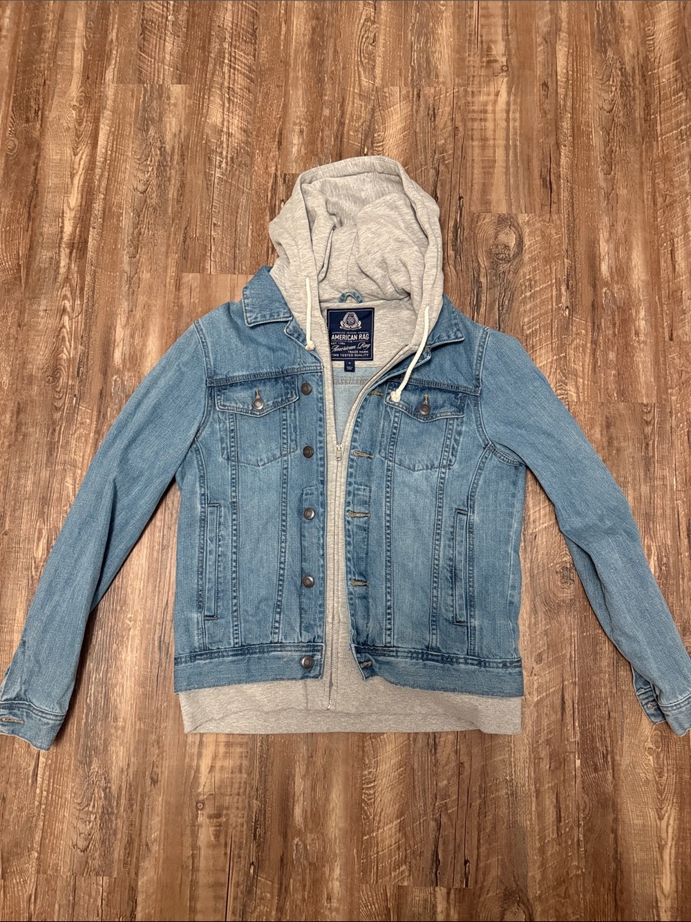 American Eagle Outfitters Light Blue Denim Jacket with Gray Hoodie Insert